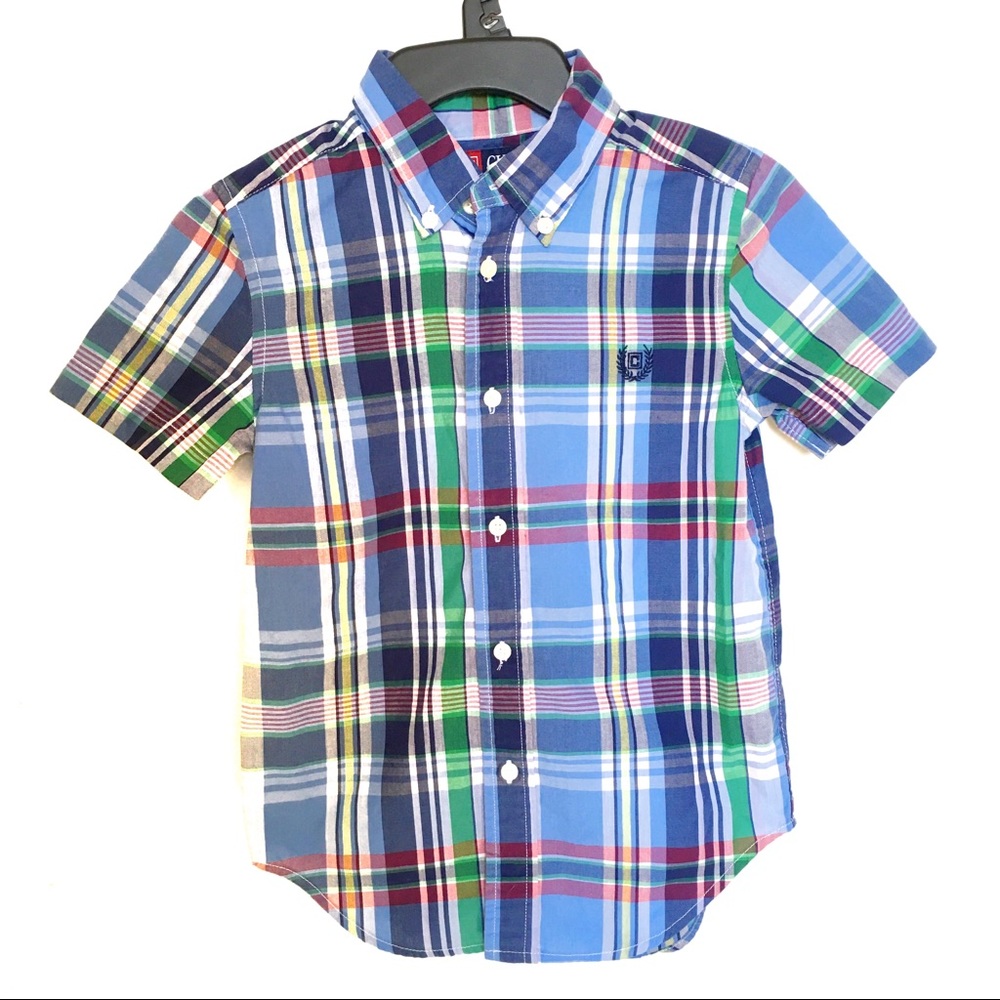 Chaps boys blue plaid button up dress shirt Sz 5